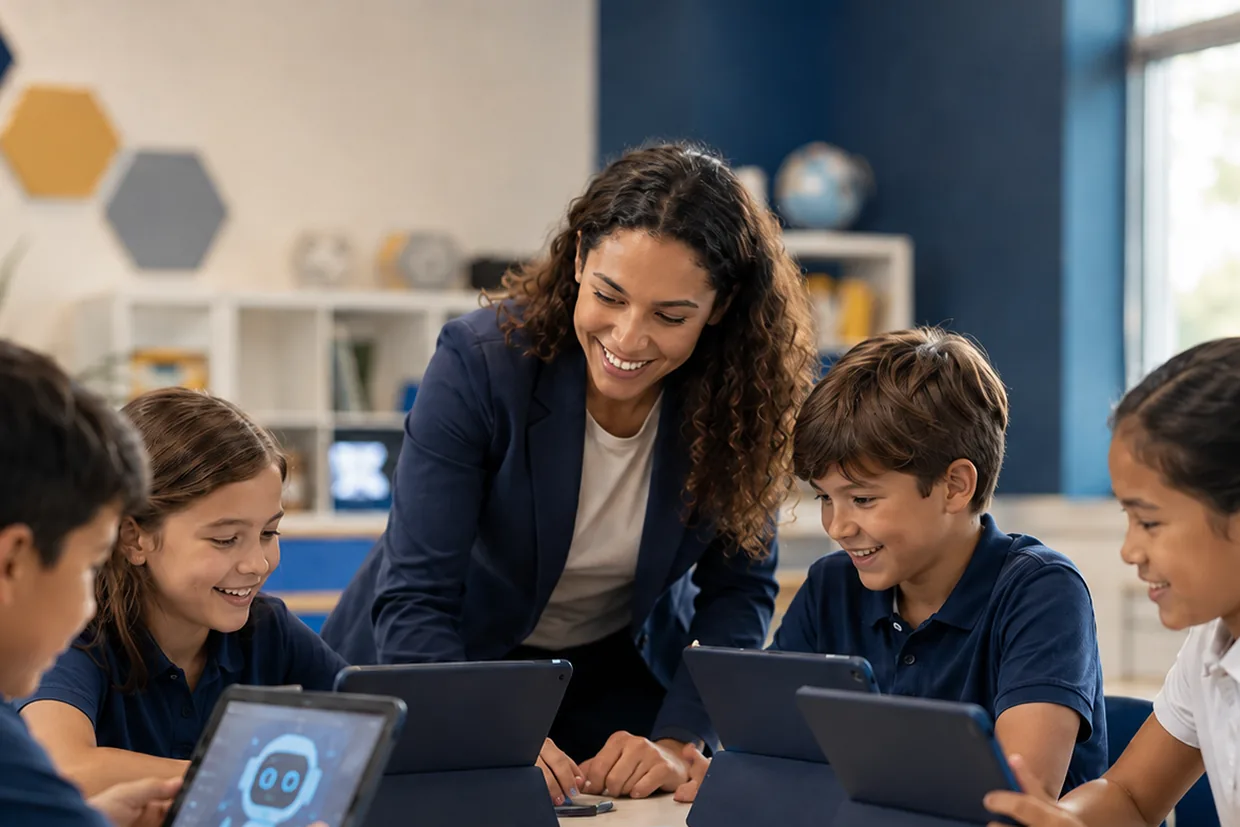 Students working on tablets with their teacher in an AI lesson