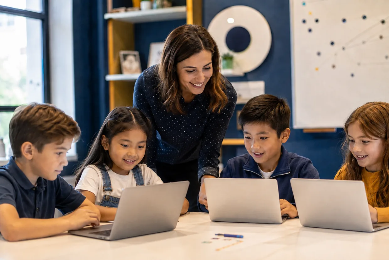 Students working on laptops with their teacher