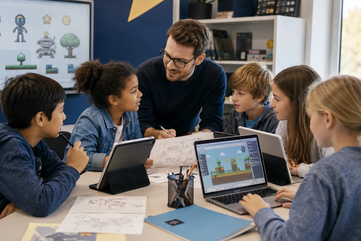 A teacher and students working together on a game at laptops and tablets