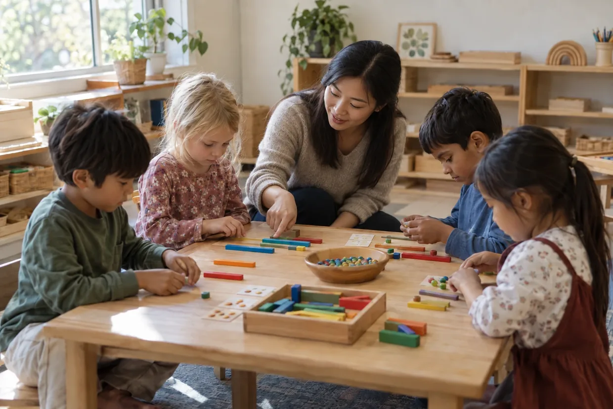 Young children working with concrete maths materials at a table with their teacher