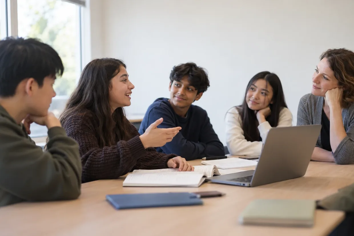 High school students talking around a table with their teacher