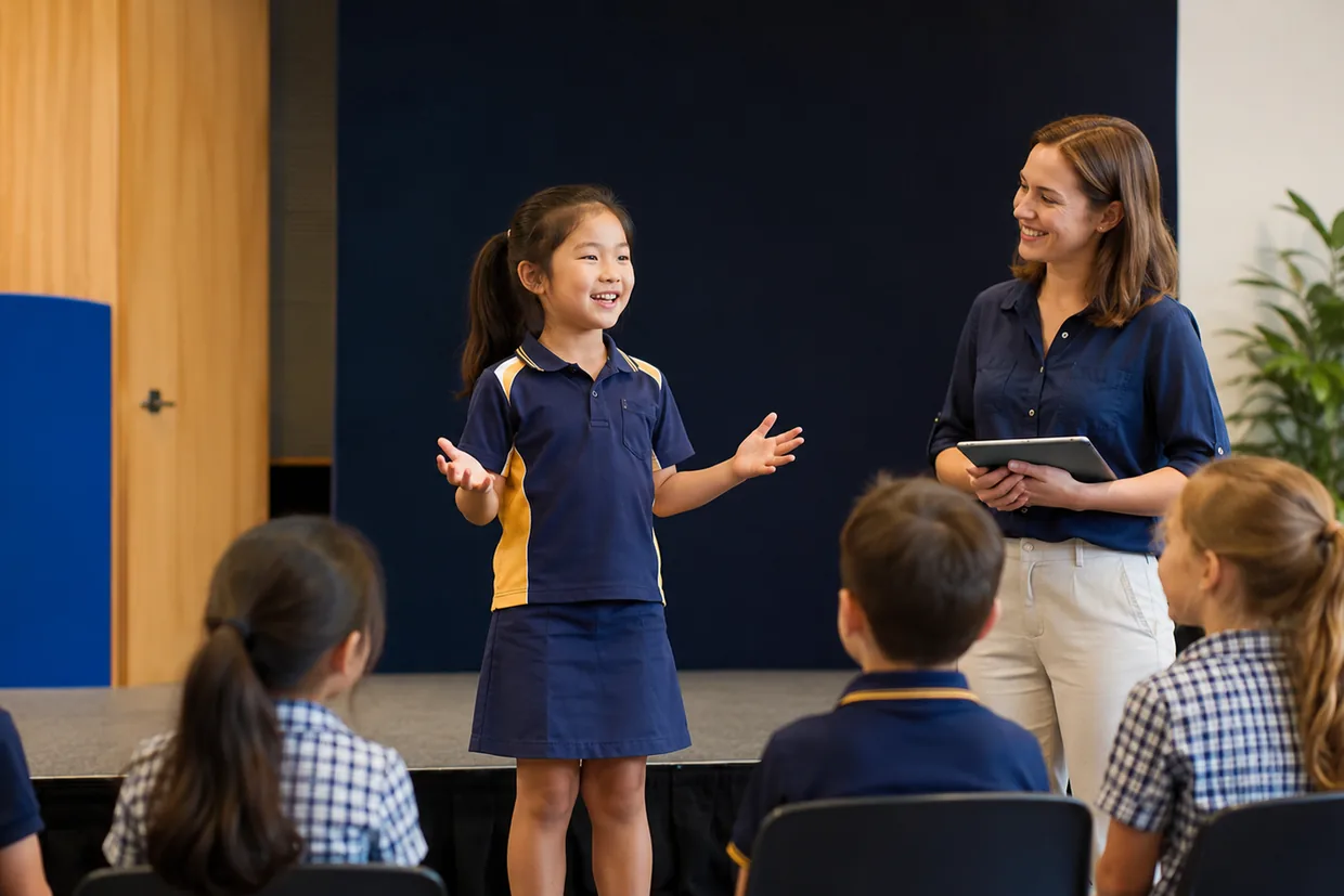 A child speaking to classmates while a teacher listens