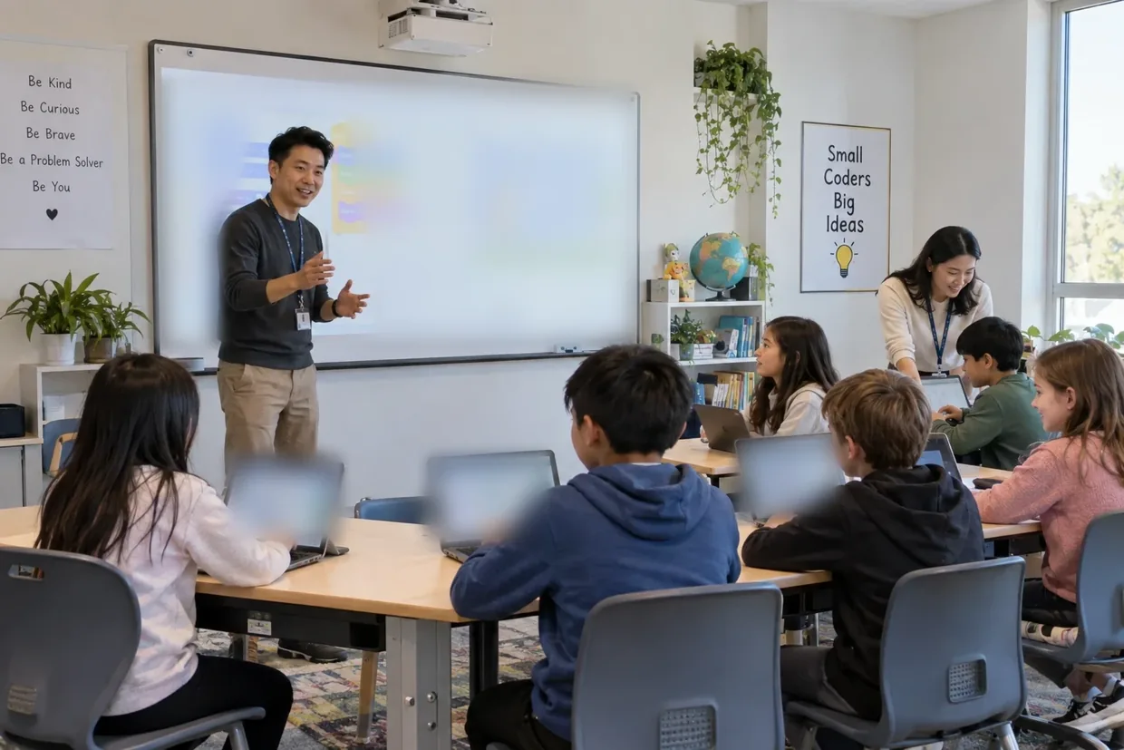A teacher leading a coding lesson while students work at laptops