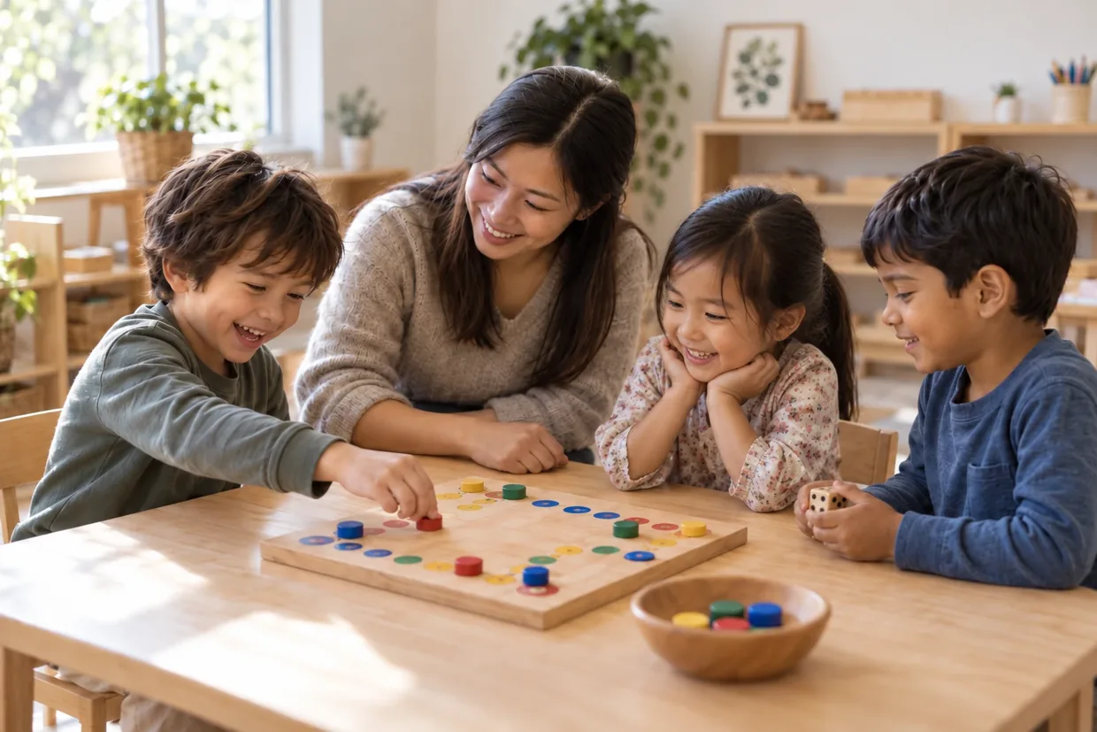 Young children and a teacher playing a counting board game