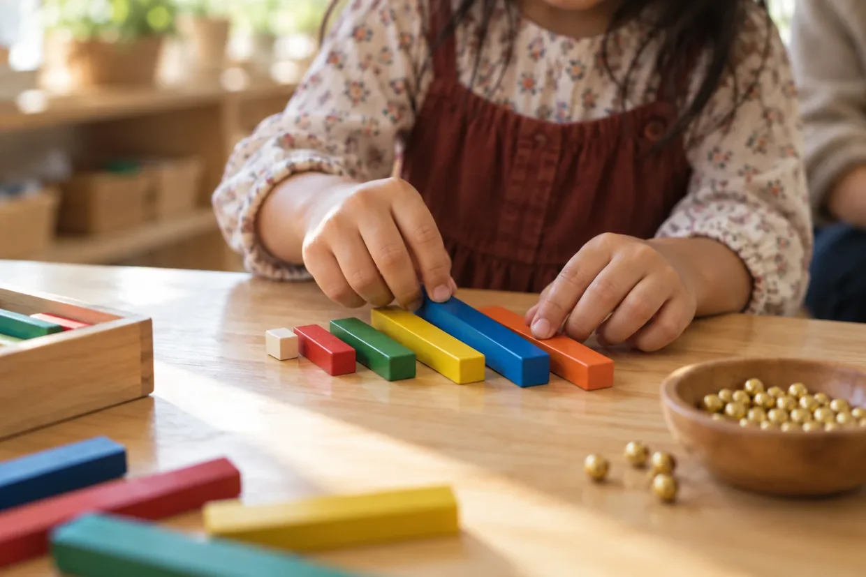A young child using concrete maths materials at a table