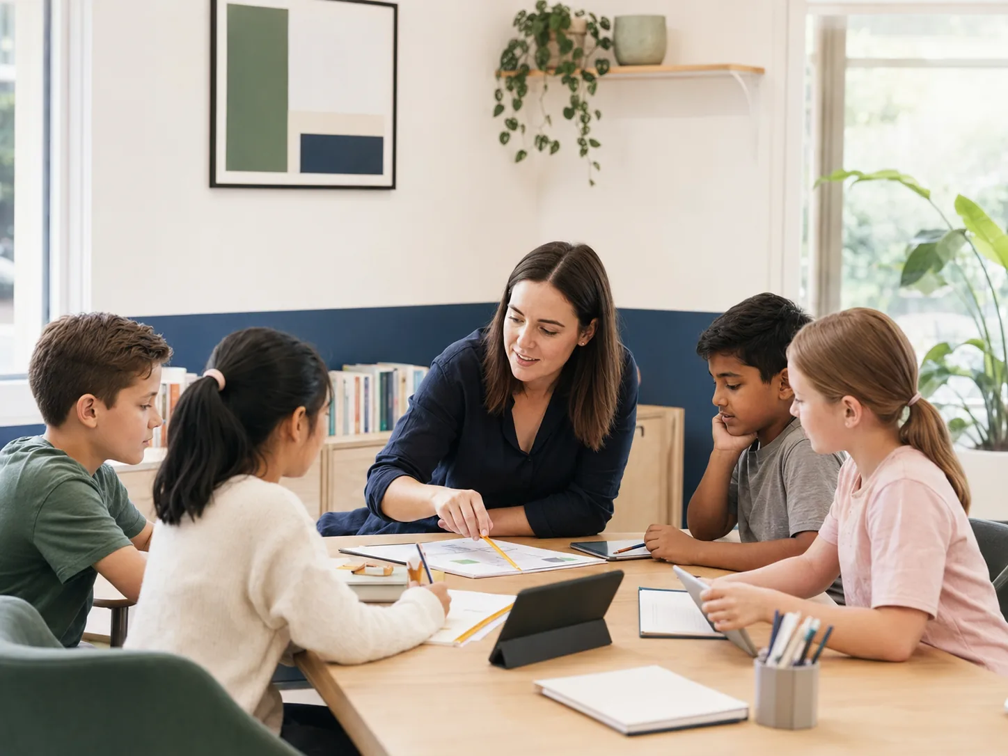 A teacher working with primary students in class