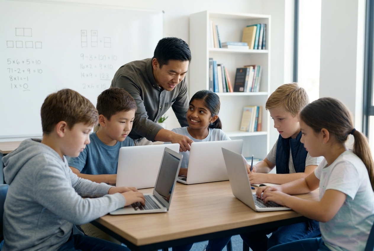 Teacher guiding students on laptops