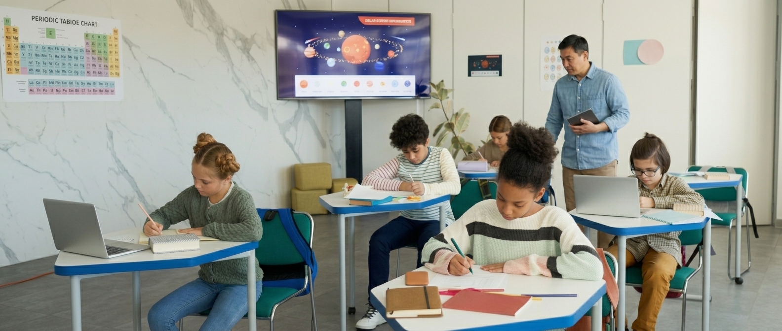 Teacher helping students in a bright classroom