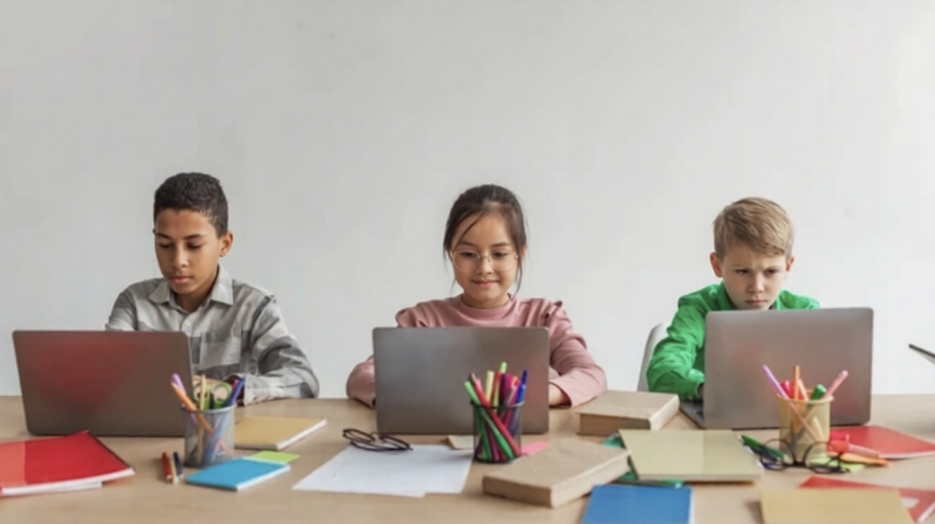 Students practising on laptops